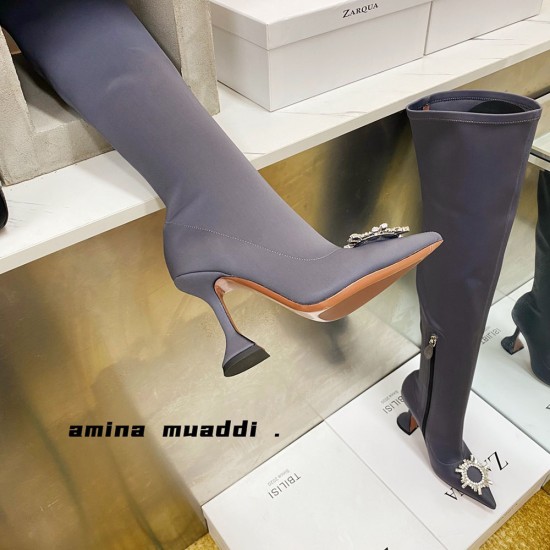 Amina Muaddi Crystal High Boots In Satin With Zipper 5 Colors