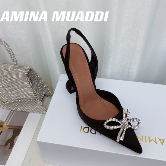 Amina Muaddi Crystal Bow Silk-Satin Sling Back Pumps 6 Colors