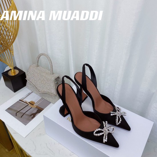 Amina Muaddi Crystal Bow Silk-Satin Sling Back Pumps 6 Colors