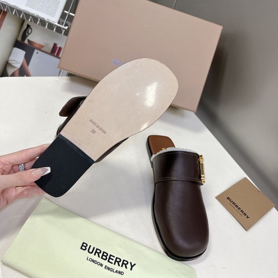 Burberry Monogram Detail Shearling Lined Leather Mule 2 Colors