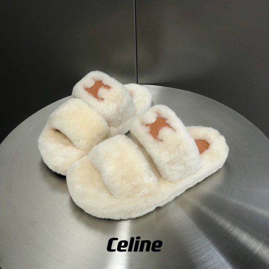 Celine Fur Slides Triomphe Open Slide In Shearling 6 Colors