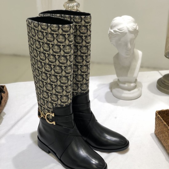 Ferragamo Knee High Boot in Calf Leather And Iconic Jacquard Fabric