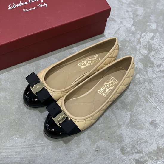 Ferragamo Varina Ballet Flat In Quilted Nappa And Patent Leather 5 Colors
