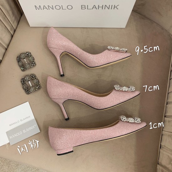 Manolo Blahnik Hangisi Glitter 90 Glitter Fabric Jewel Bucket Pumps With Square Crystal Buckle 5 Colors
