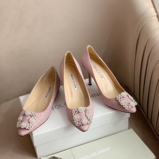 Manolo Blahnik Hangisi Glitter 90 Glitter Fabric Jewel Bucket Pumps With Square Crystal Buckle 5 Colors