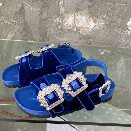 Manolo Blahnik Sandals In Velvet Fabric With Square Crystal Buckle 3 Colors