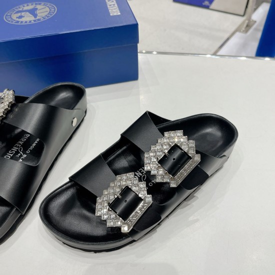 Manolo Blahnik Slippers In Calfskin With Square Crystal Buckle