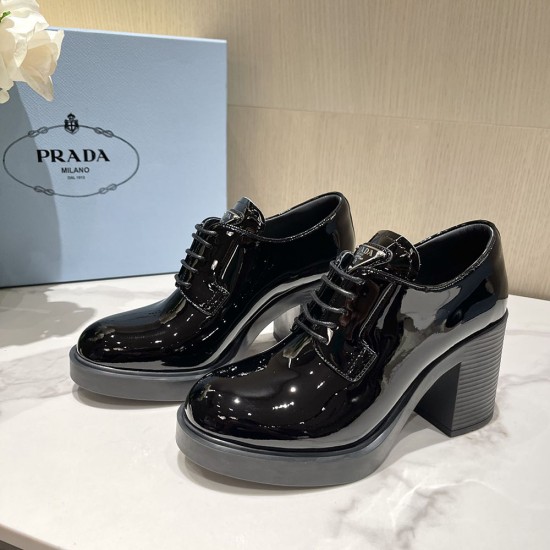 Prada Chocolate High-heeled Brushed Leather Lace Up Loafers 2 Colors