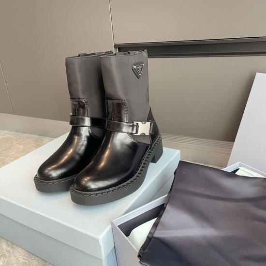 Prada Brushed Leather and Re-Nylon Booties