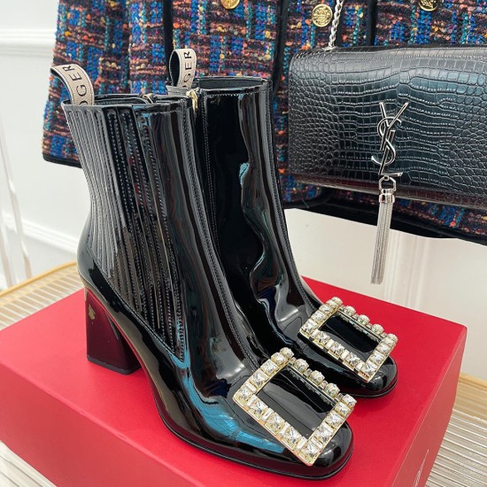 Roger Vivier Viv' Rangers Strass Buckle Booties in Patent Leather