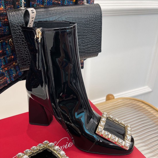 Roger Vivier Viv' Rangers Strass Buckle Booties in Patent Leather