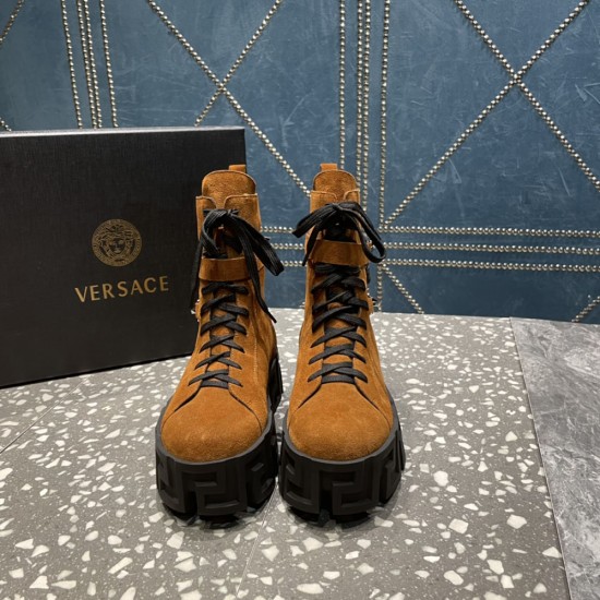 Versace Greca Labyrinth Leather Lace Up Boots In Calf Suede 2 Colors
