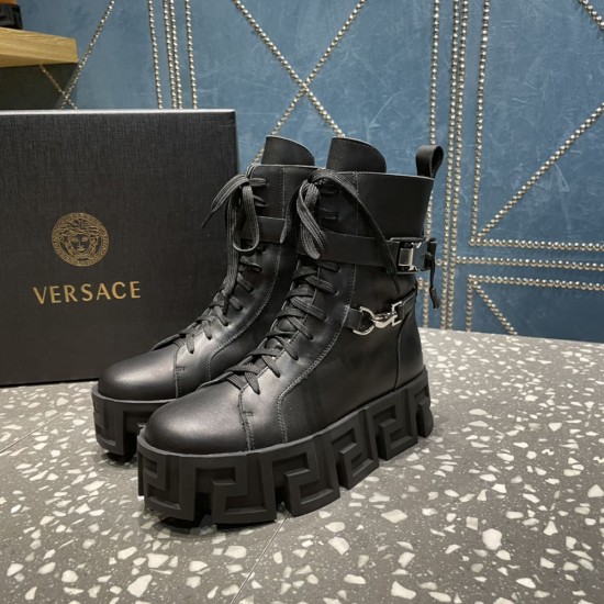 Versace Greca Labyrinth Leather Lace Up Boots In Calf Leather 2 Colors