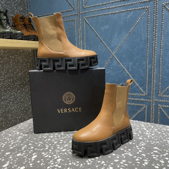 Versace Chelsea Ankle Boot in Calf Leather With Graphic Greca Pattern Sole 2 Colors