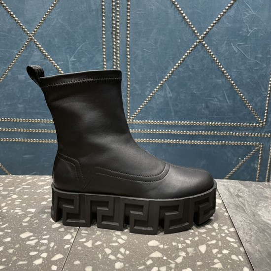 Versace Ankle Boot in Calf Leather With Graphic Greca Pattern Sole 2 Colors