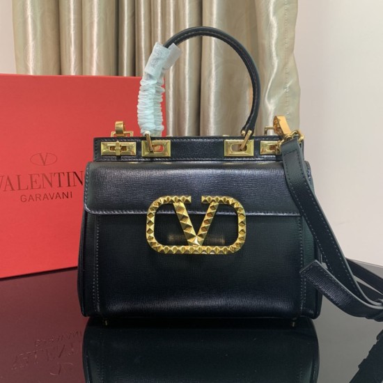 Valentino Garavani Rockstud Alcove Grainy Calfskin Double Handle Bag