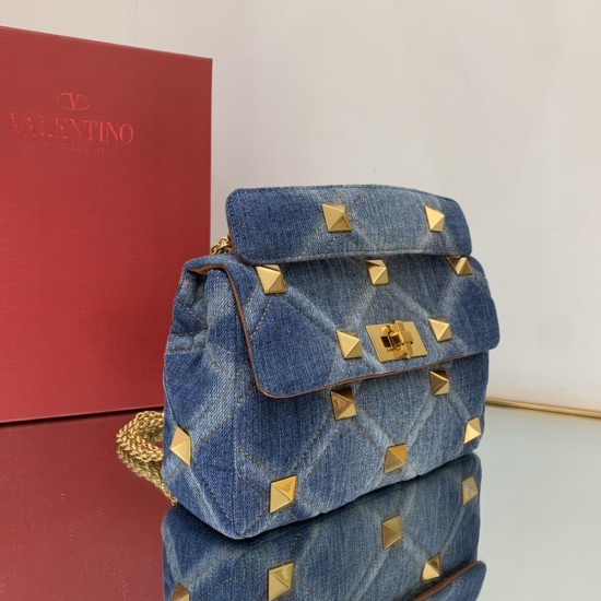 Valentino Medium Roman Stud The Shoulder Bag in Denim With Chain