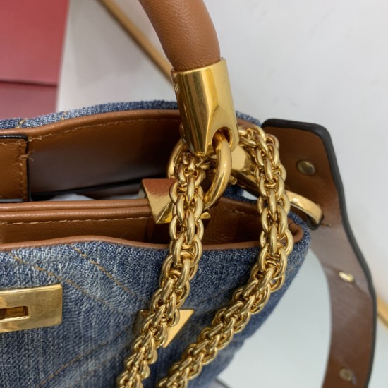 Valentino Small Roman Stud The Handle Bag in Denim With Chain