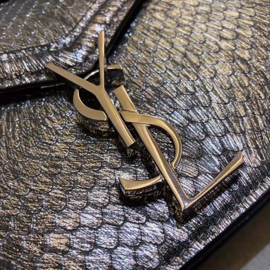 YSL Cassandra Medium Chain Bag Silver Snake Pattern Lambskin Leather 