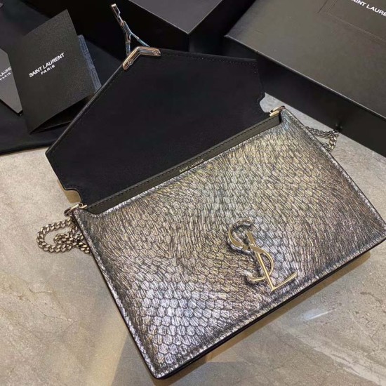 YSL Cassandra Medium Chain Bag Silver Snake Pattern Lambskin Leather 