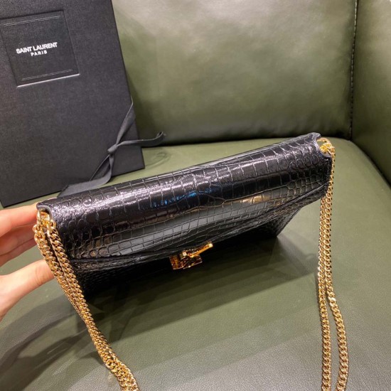 YSL Cassandra Medium Chain Bag Black Crocodile Pattern Calfskin Leather 