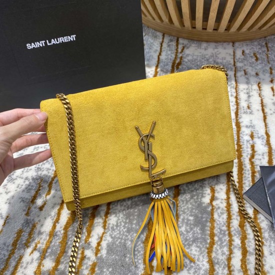 YSL Kate Chain Bag With Tassel in Yellow Suede and Lambskin Leather