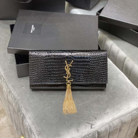 YSL Classic Kate Pouch in Black Crocodile Embossed Calfskin