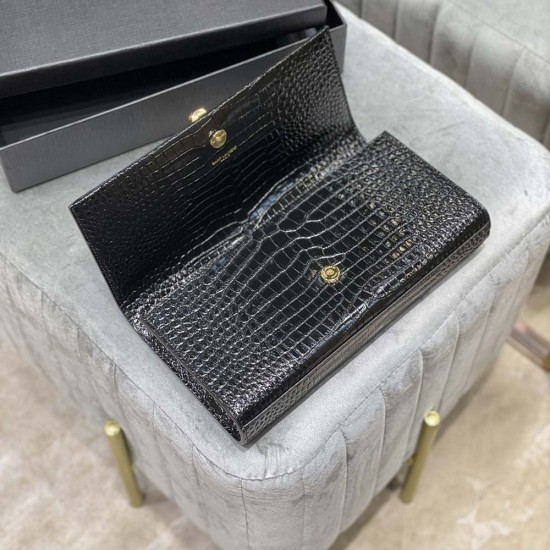 YSL Classic Kate Pouch in Black Crocodile Embossed Calfskin