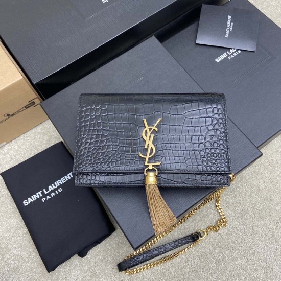 YSL Kate Chain Wallet With Tassel in Crocodile Embossed Shiny Leather