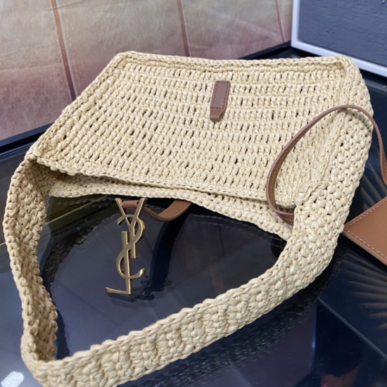 YSL LE 5 À 7 Hobo Bag In Raffia Straw And Calfskin Leather 