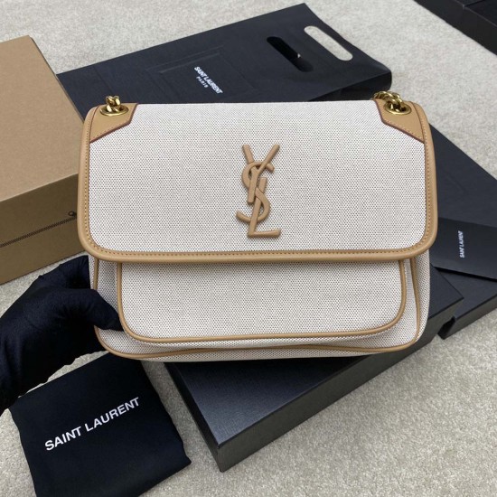 YSL Niki In Linen and Calfskin Leather