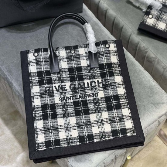 YSL Rive Gauche N/S Tote Shopping Bag in Black Linen Woolen And Calfskin Leather