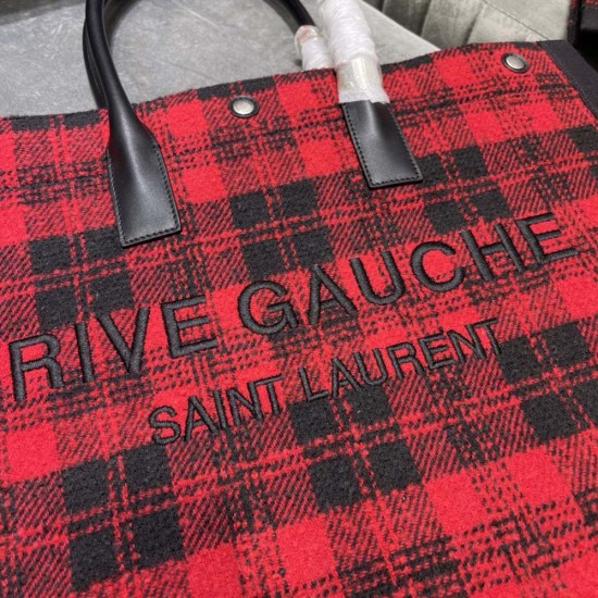 YSL Rive Gauche Tote Shopping Bag in Black Linen Red Wollen And Calfskin Leather