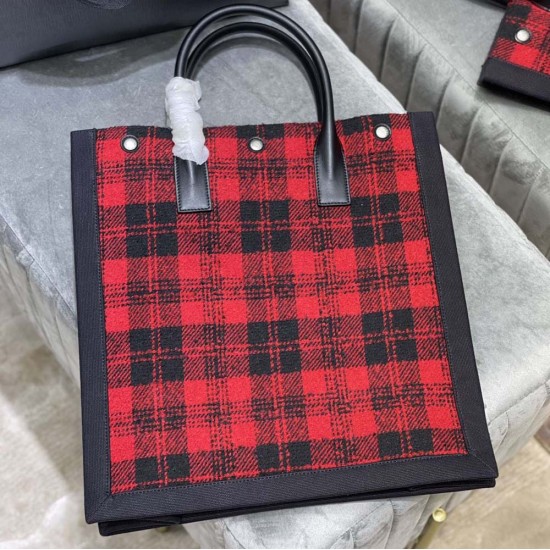 YSL Rive Gauche N/S Tote Shopping Bag in Black Linen Red Woolen And Calfskin Leather