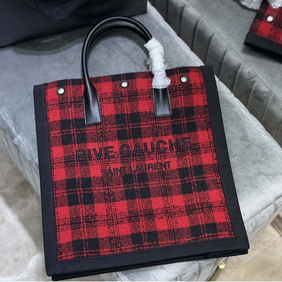 YSL Rive Gauche N/S Tote Shopping Bag in Black Linen Red Woolen And Calfskin Leather