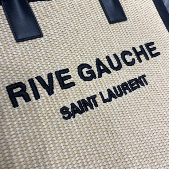 YSL Rive Gauche N/S Tote Shopping Bag in Black Linen Beige Raffia And Calfskin Leather