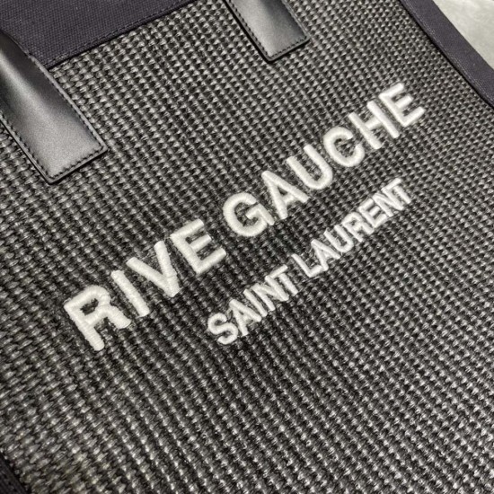 YSL Rive Gauche N/S Tote Shopping Bag in Black Linen Raffia And Calfskin Leather
