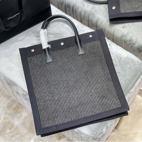 YSL Rive Gauche N/S Tote Shopping Bag in Black Linen Raffia And Calfskin Leather