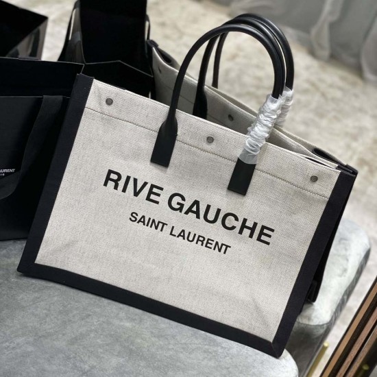 YSL Rive Gauche Tote Shopping Bag in Black White Linen Cotton And Black Calfskin Leather