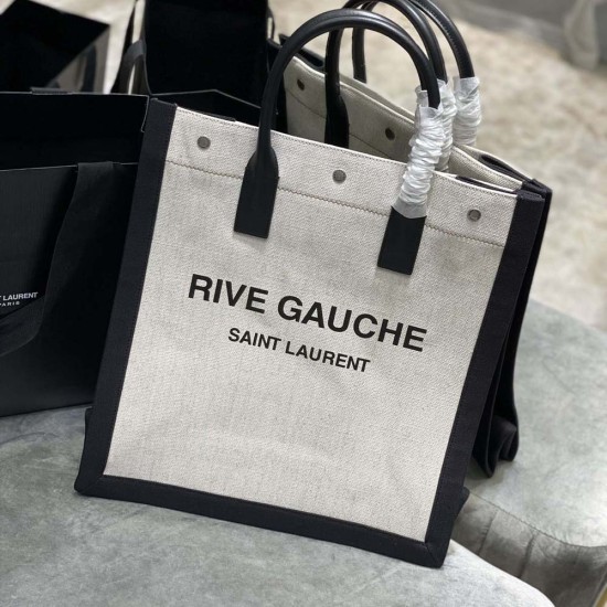 YSL Rive Gauche N/S Tote Shopping Bag in Black White Linen Cotton And Black Calfskin Leather