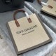 YSL Rive Gauche N/S Tote Shopping Bag in Dark Grey Linen Cotton And Brown Calfskin Leather