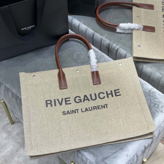 YSL Rive Gauche Tote Shopping Bag in Grey Linen And Brown Calfskin Leather