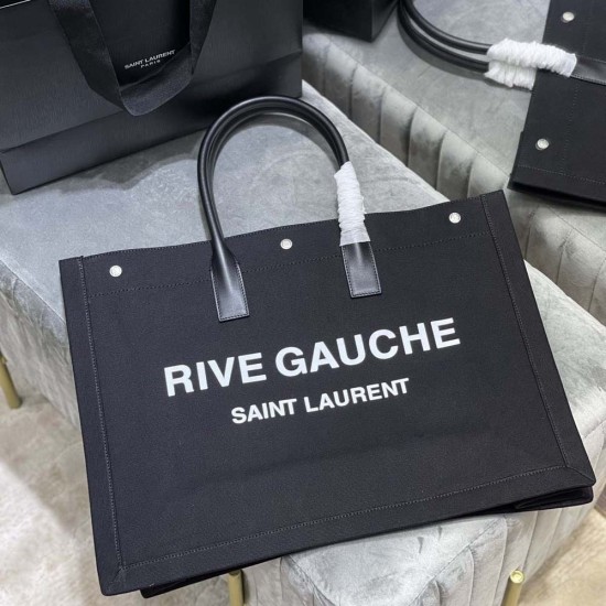 YSL Rive Gauche Tote Shopping Bag in Black Linen And Calfskin Leather