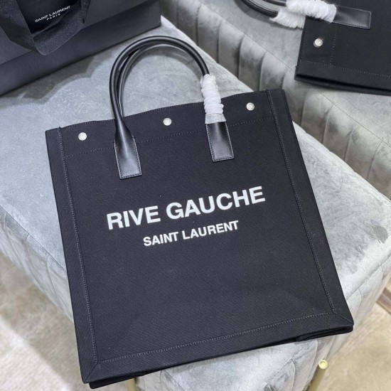 YSL Rive Gauche N/S Tote Shopping Bag in Black Linen And Calfskin Leather