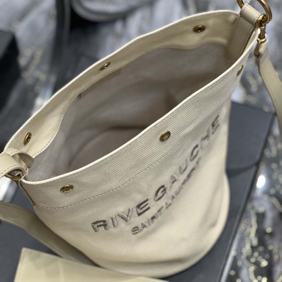 YSL Rive Gauche Bucket Bag in Canvas And Calfskin Leather