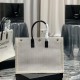 YSL Rive Gauche Tote Shopping Bag in Stripe Linen And Calfskin Leather