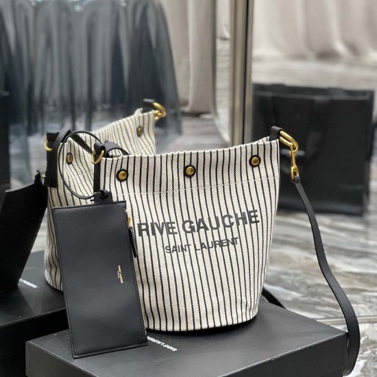 YSL Rive Gauche Bucket Bag in Linen Cotton And Black Calfskin Leather