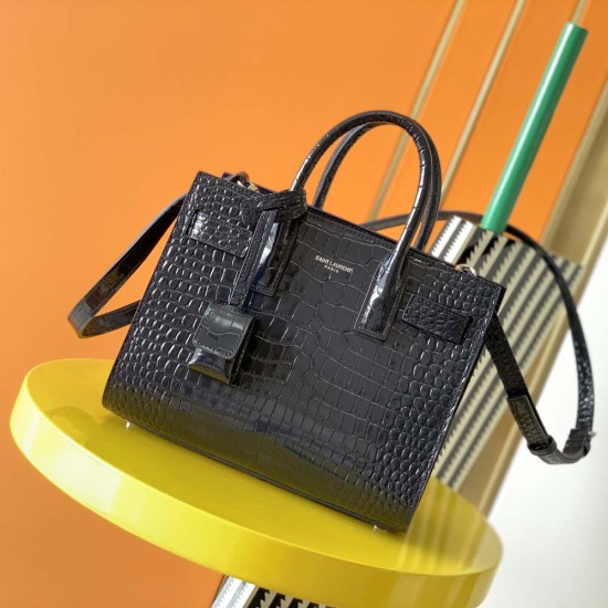 YSL Classic Sac De Jour In Black Crocodile Embossed Shiny Leather