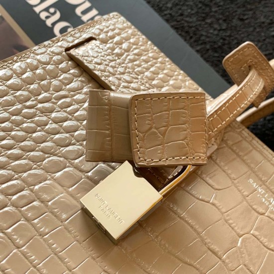 YSL Classic Sac De Jour In Beige Crocodile Embossed Shiny Leather