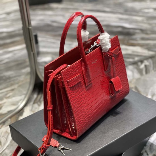 YSL Classic Sac De Jour In Red Crocodile Embossed Shiny Leather